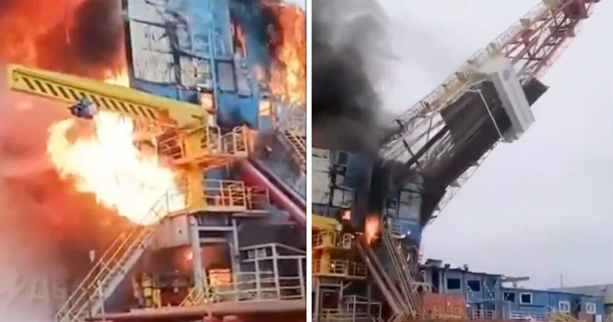 Russia in flames after oil rig collapses – watch moment it topples to the ground