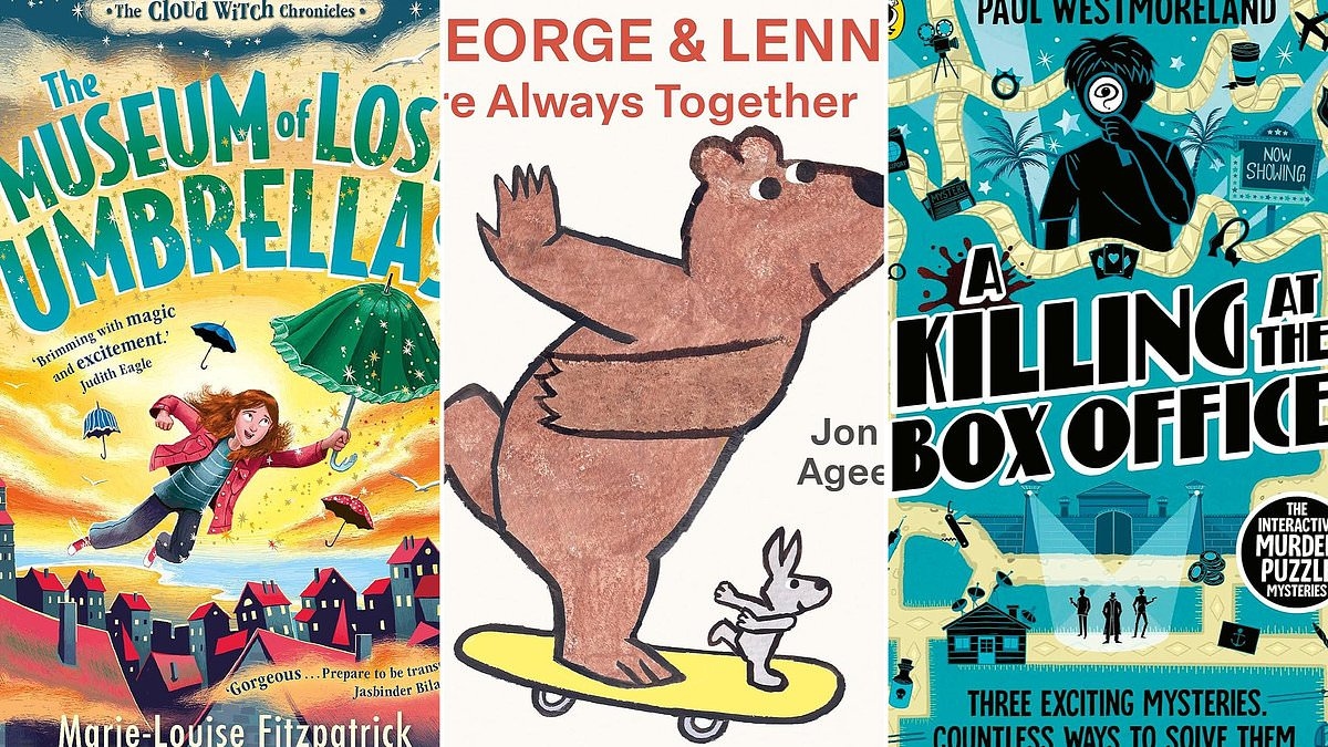 Libros encantadores para niños que salen este mes: GEORGE Y LENNY SIEMPRE ESTÁN JUNTOS de Jon Agee, UN ASESINATO EN TAQUILLA de Paul Westmoreland, EL MUSEO DE LOS PARAGUAS PERDIDOS de Marie-Louise Fitzpatrick