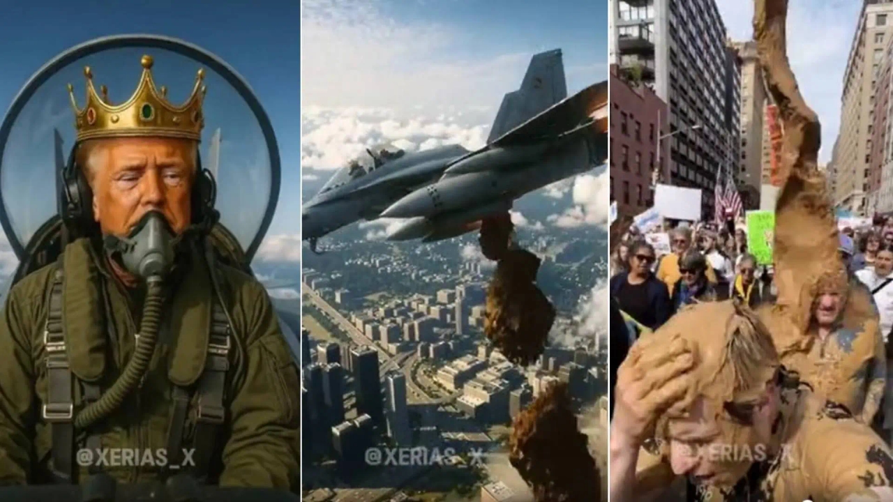 Trump posts video of AI wearing a crown piloting a fighter jet while mud-bombing thousands of US protesters.