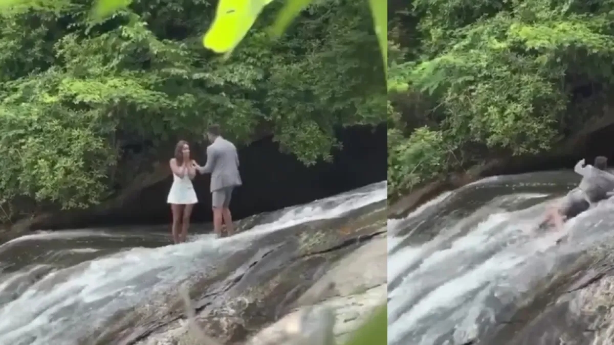 Vidéo | Un homme a fait sa demande en mariage près d'une cascade, mais a glissé avant de célébrer son retour.