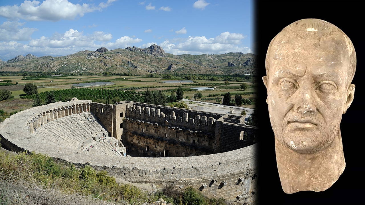 Aspendos kazılarında imparator başı heykeli bulundu