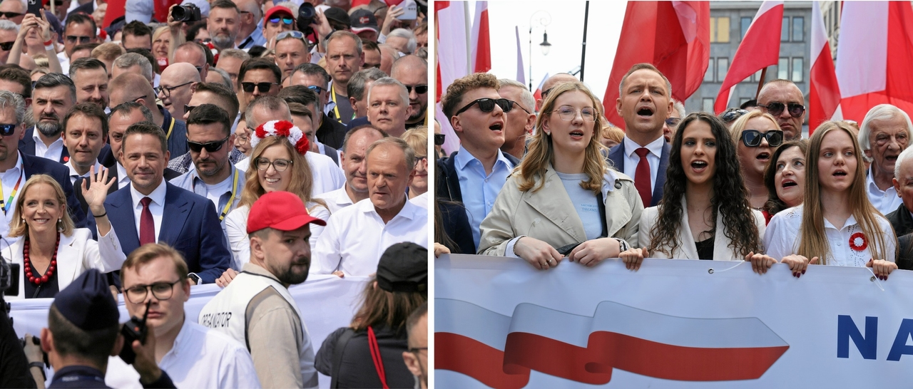 Dezenas de milhares se reúnem para marchas presidenciais rivais em Varsóvia uma semana antes da votação