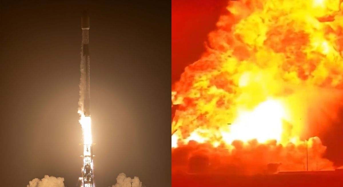 Het herbruikbare ruimteschip van Elon Musk explodeert op aarde en veroorzaakt een enorme vuurbal.