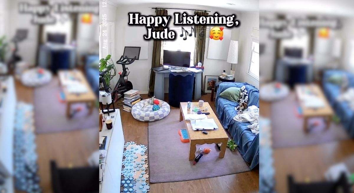 A security camera captures a dog using Alexa to play his favorite songs.
