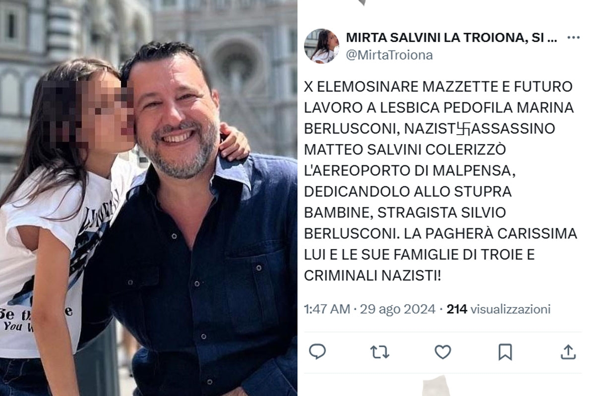 Vulgaire en zeer ernstige beledigingen aan het adres van Salvini's dochter, Mirta, op sociale media X. Bekijk de schokkende berichten