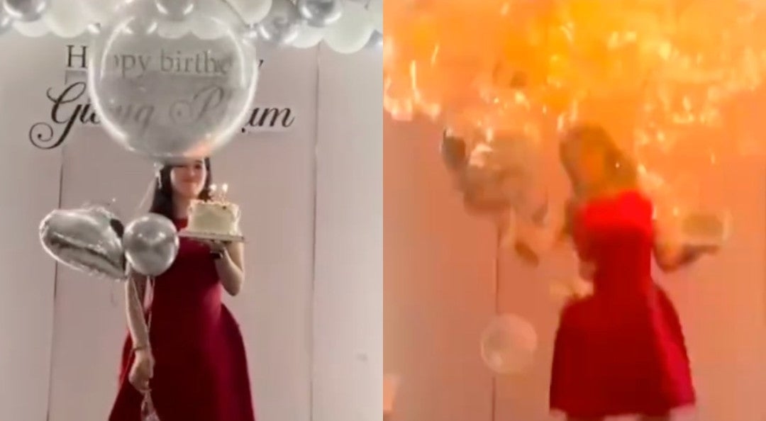 Video: Woman caught in flames after birthday balloons exploded