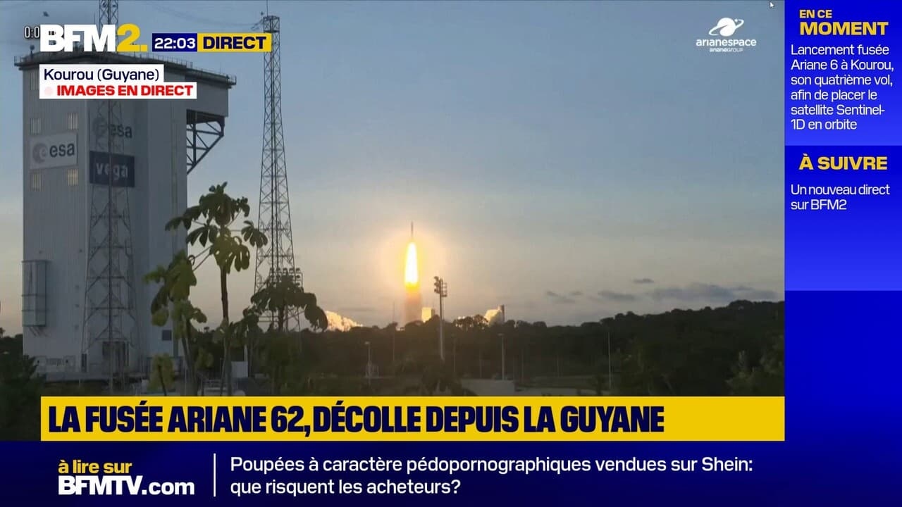 Un cohete Ariane 6 despega de la Guayana Francesa para poner en órbita un satélite de observación.